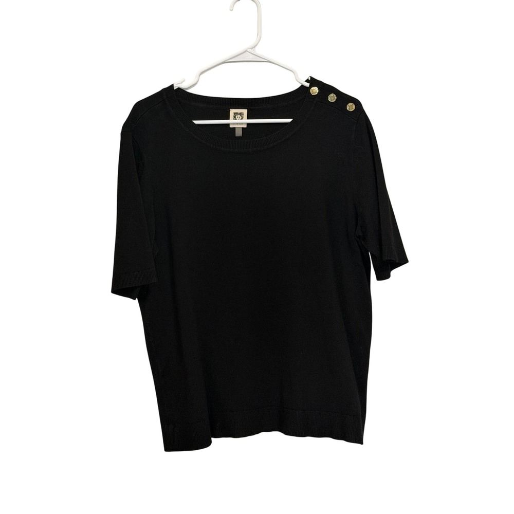 Anne Klein Womens Black Short Sleeve Sweater Shirt Gold Shoulder Button XL